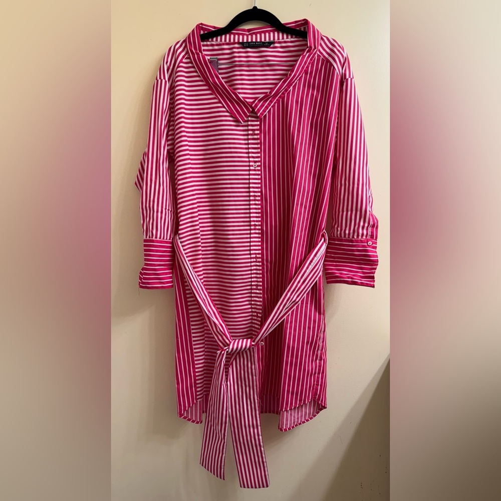 Zara Pink Striped Button-Up Shirt Dress